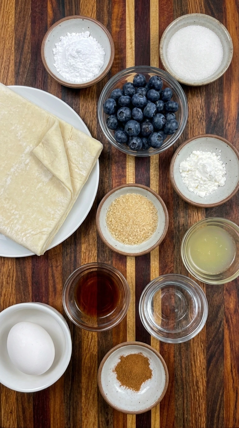 Ingredients for Blueberry Ghost Hand Pies arranged in separate small containers