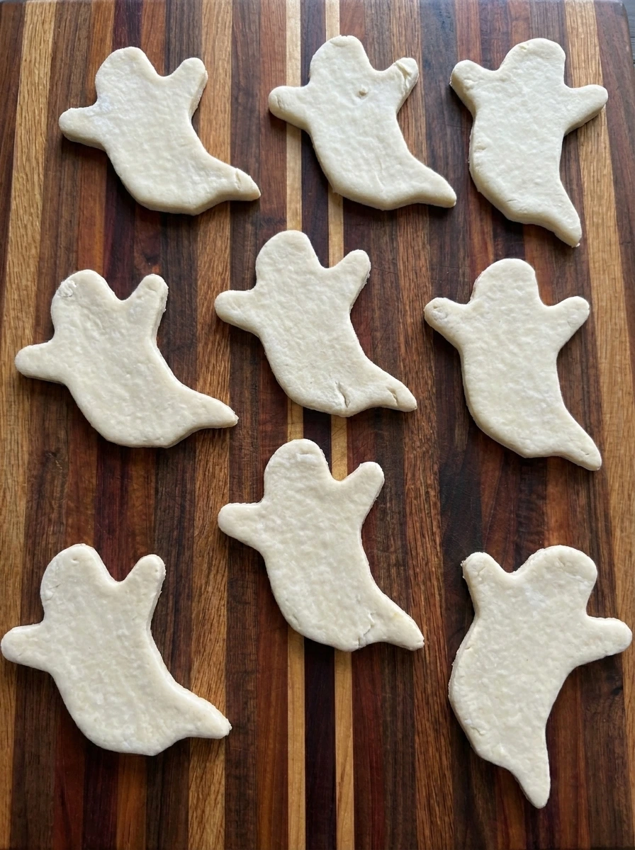 Eight puff pastry ghost cutouts for four Blueberry Ghost Hand Pies