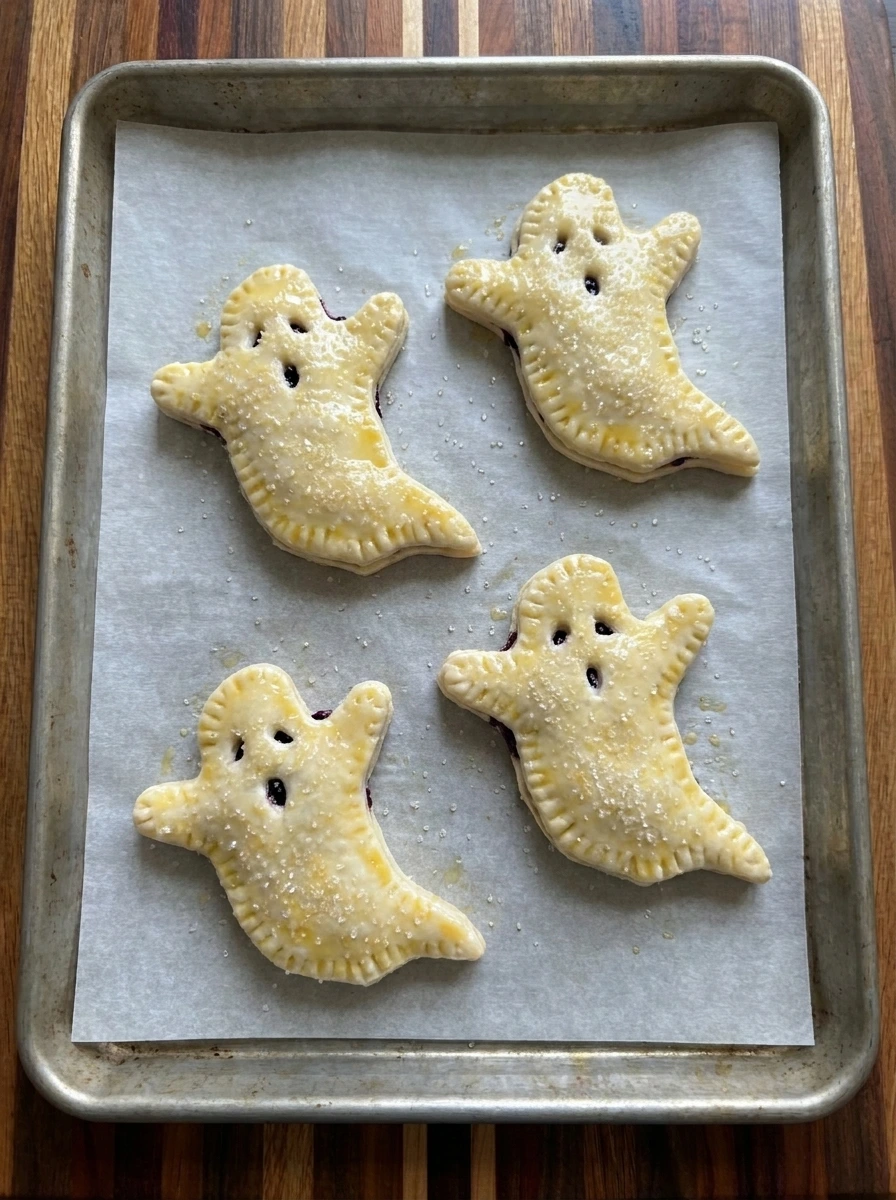 Four assembled Blueberry Ghost Hand Pies with ghost faces before baking