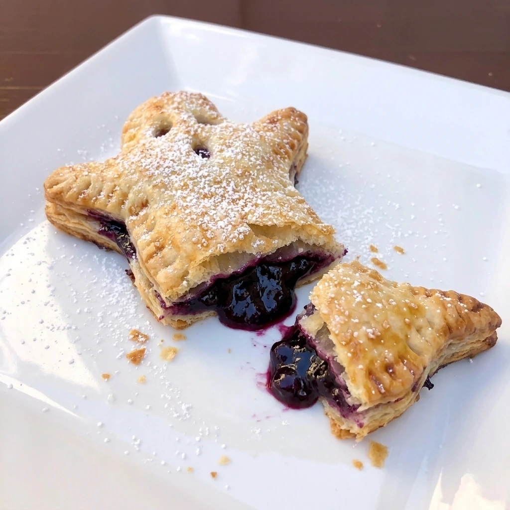 One Blueberry Ghost Hand Pie cut open to show flaky pastry and purple filling