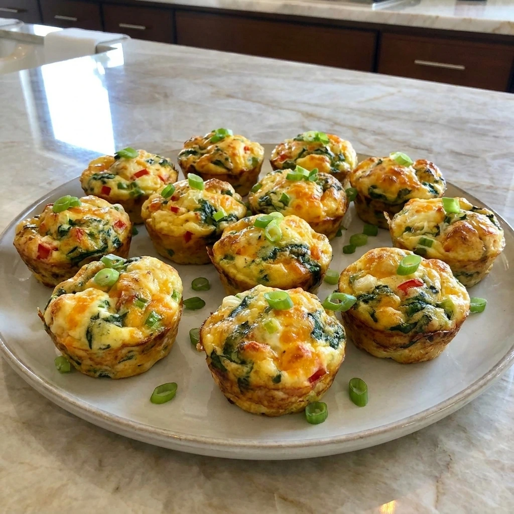 Twelve homemade Breakfast Egg Muffins with spinach red pepper cheddar and green onion