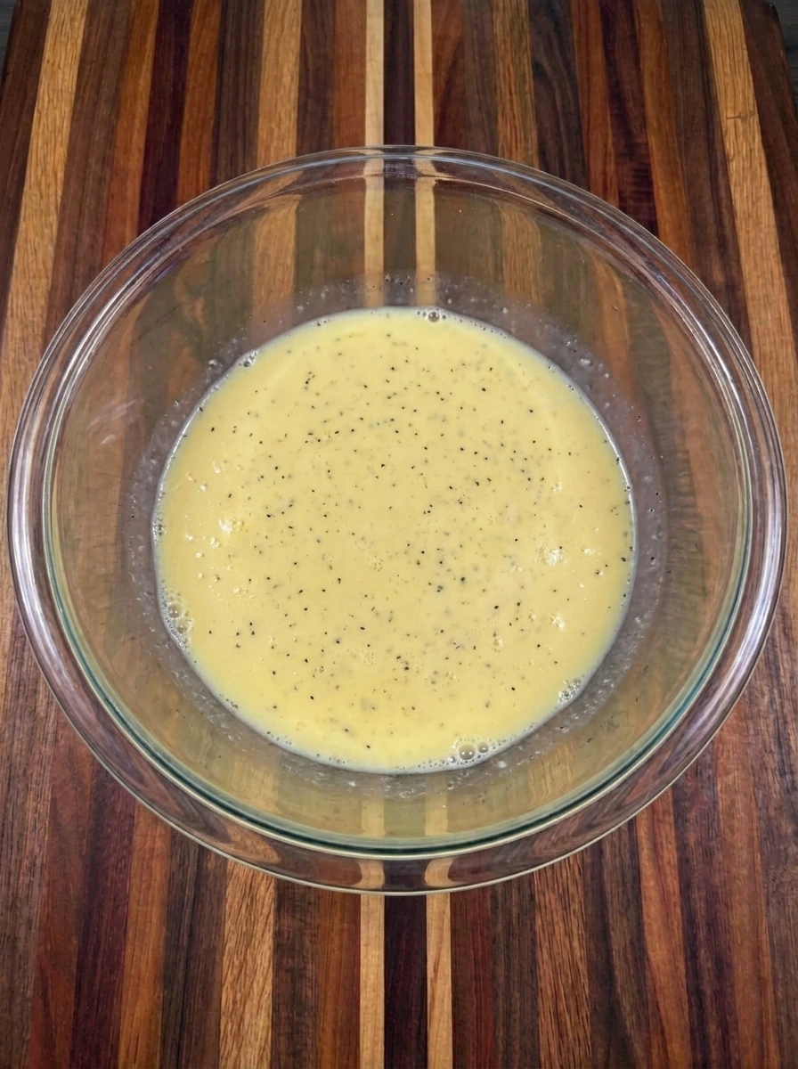 Whisked egg mixture with milk and seasoning for Breakfast Egg Muffins