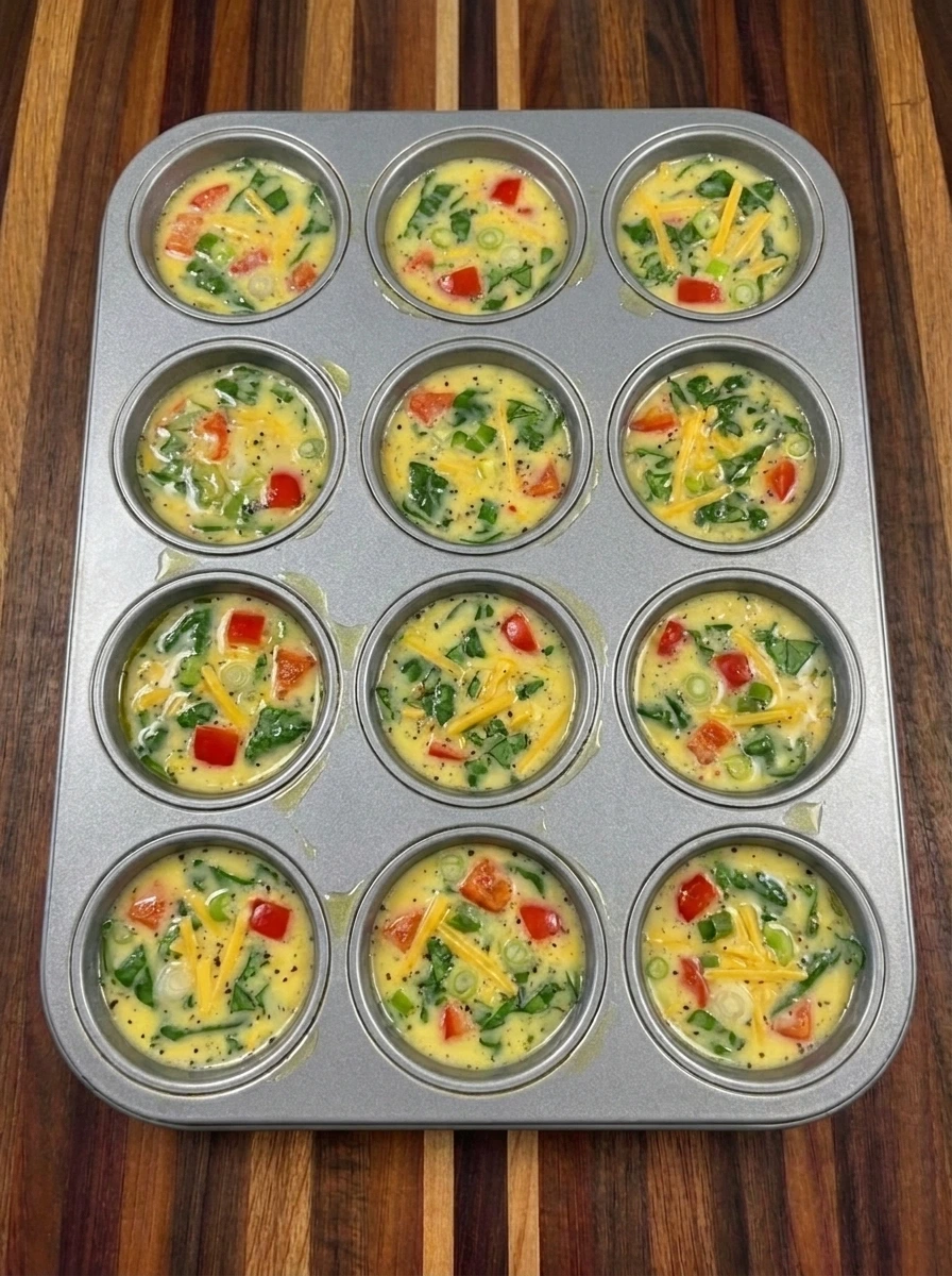 Twelve muffin wells filled with uncooked Breakfast Egg Muffin mixture