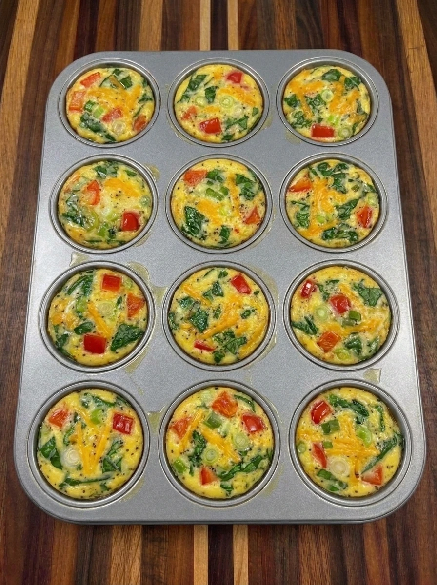 Twelve baked Breakfast Egg Muffins with puffed browned tops