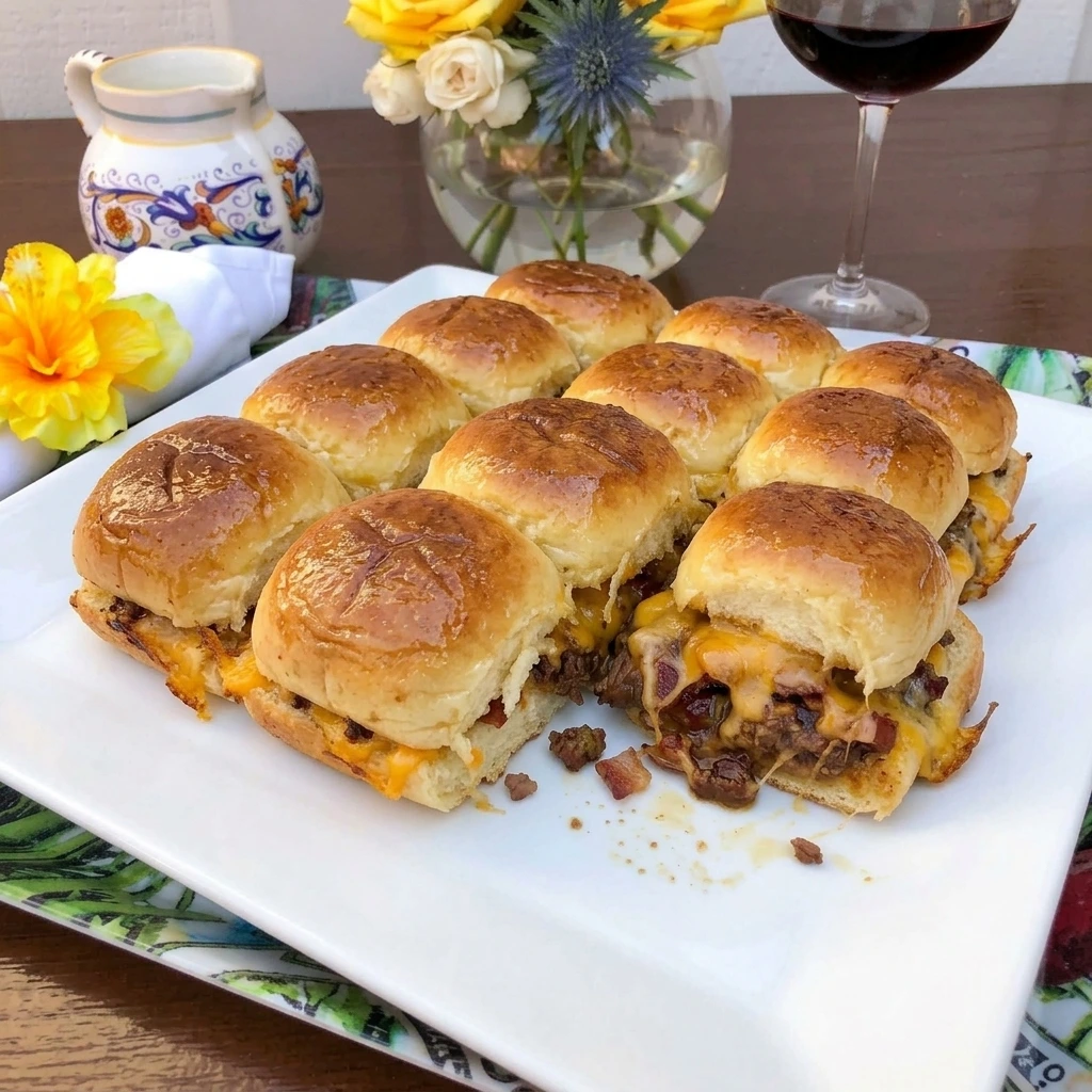 Finished Cowboy Sliders with beef bacon cheddar and barbecue sauce