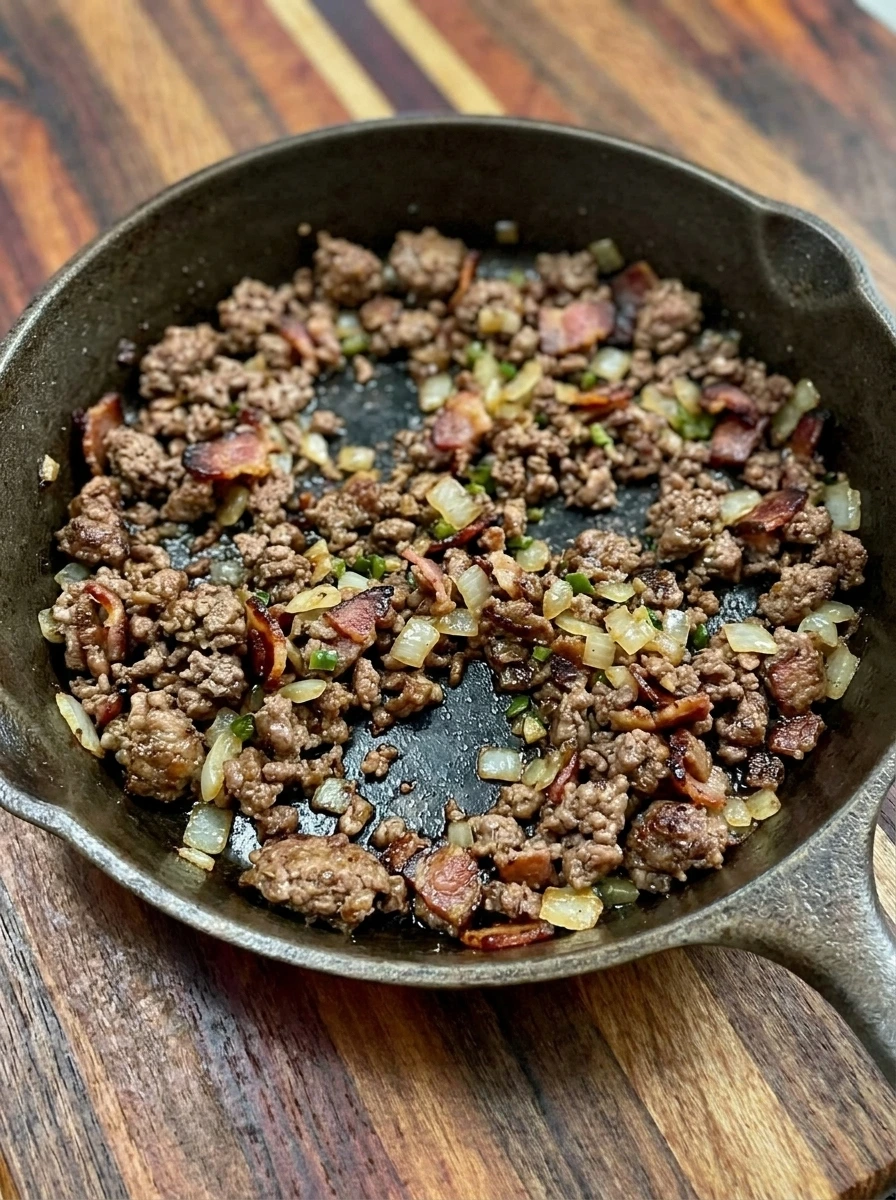Ground beef bacon onion and jalapeno browned for Cowboy Sliders