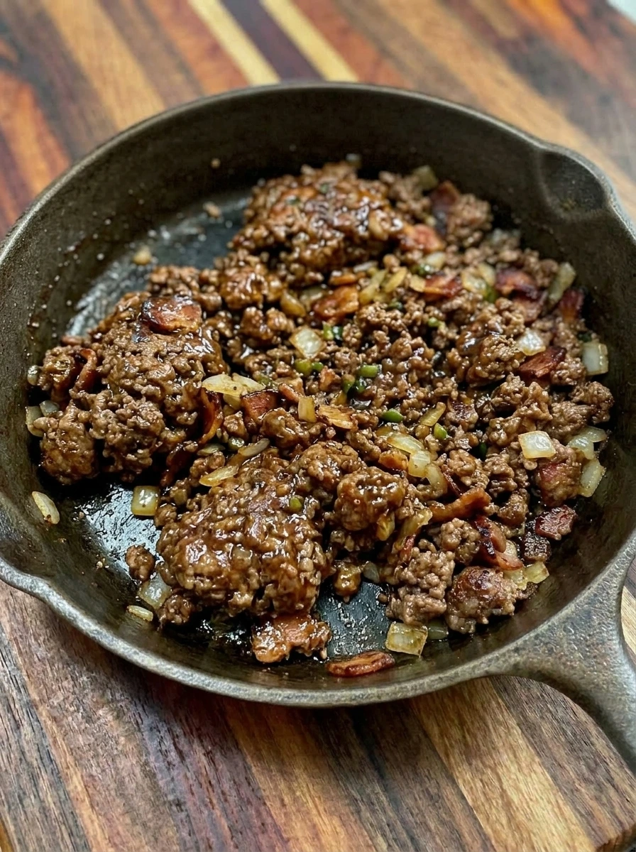 Barbecue sauce mixed into browned beef and bacon for Cowboy Sliders