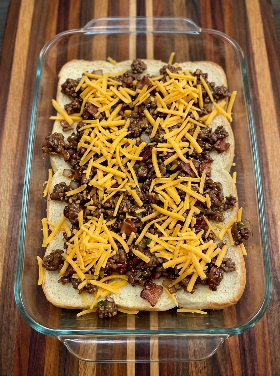 Beef bacon filling and cheddar layered over twelve slider roll bottoms