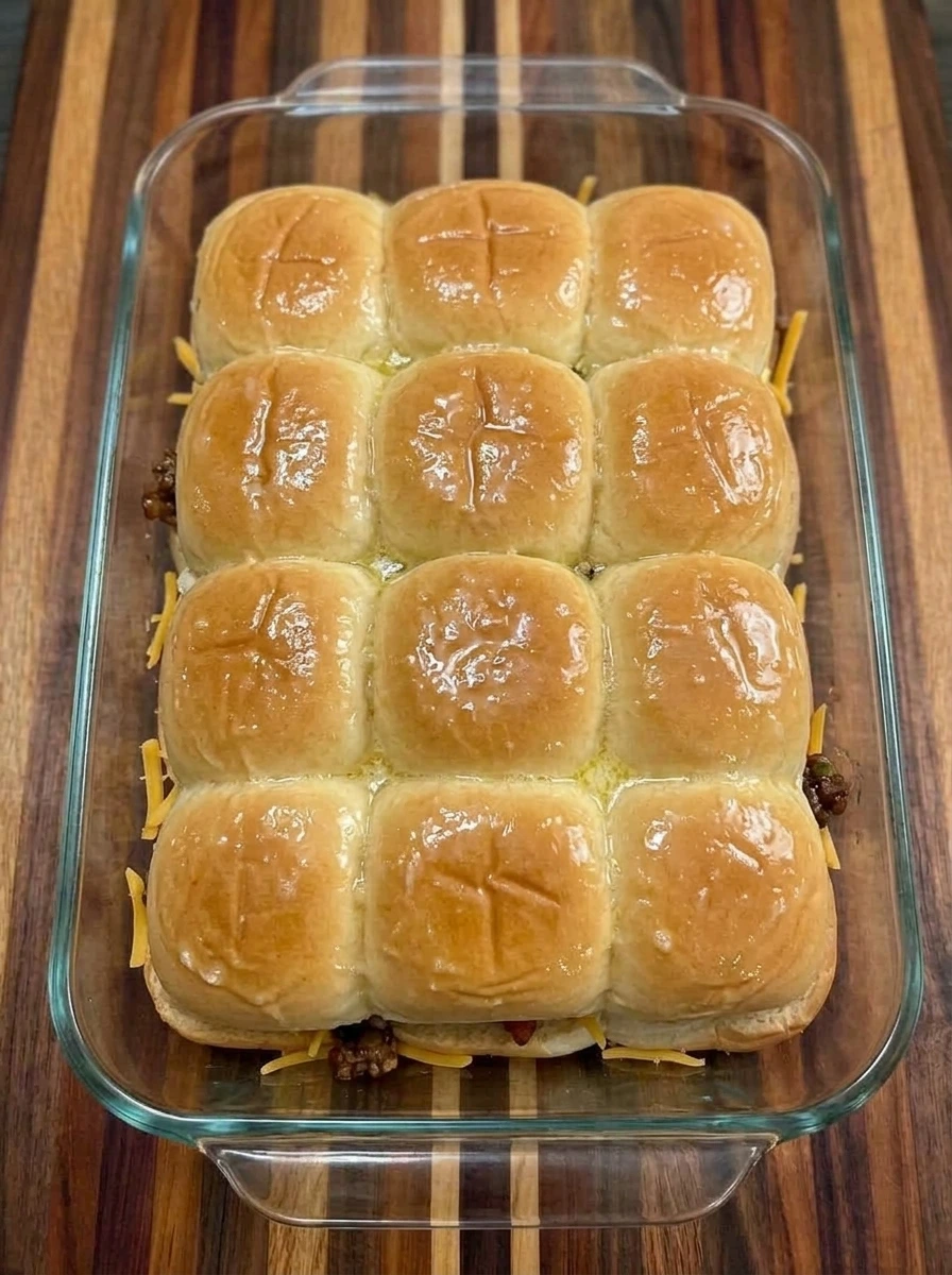 Assembled Cowboy Sliders brushed with melted butter before baking