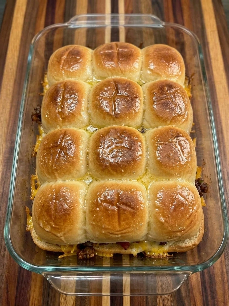 Baked Cowboy Sliders with golden tops and melted cheddar