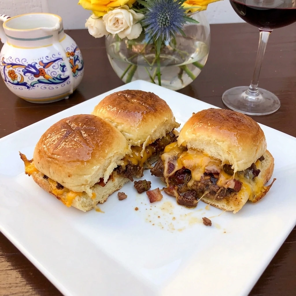 Three Cowboy Sliders served with one opened to show beef bacon and melted cheddar