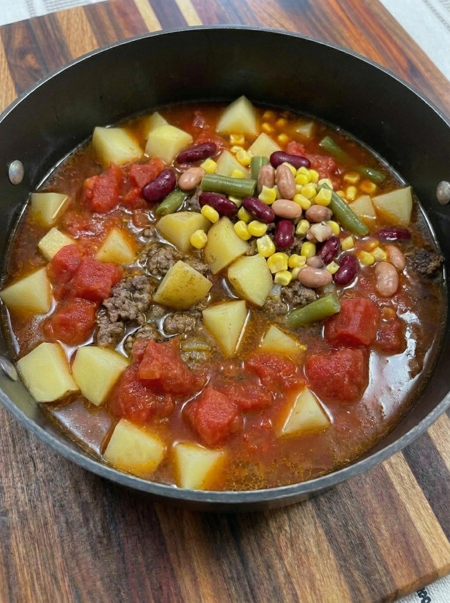 Beans corn and green beans stirred into Cowboy Soup