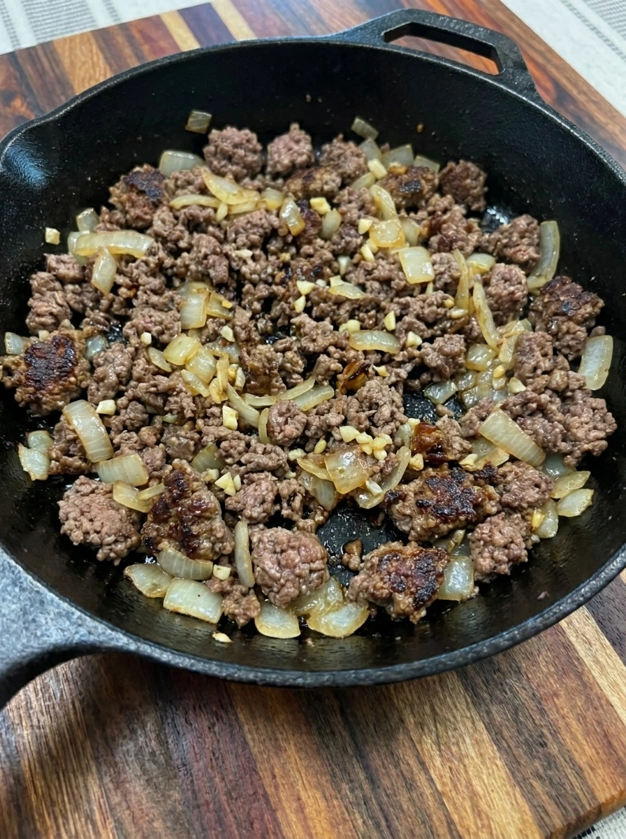 Browned ground beef with softened onion for Cowboy Soup