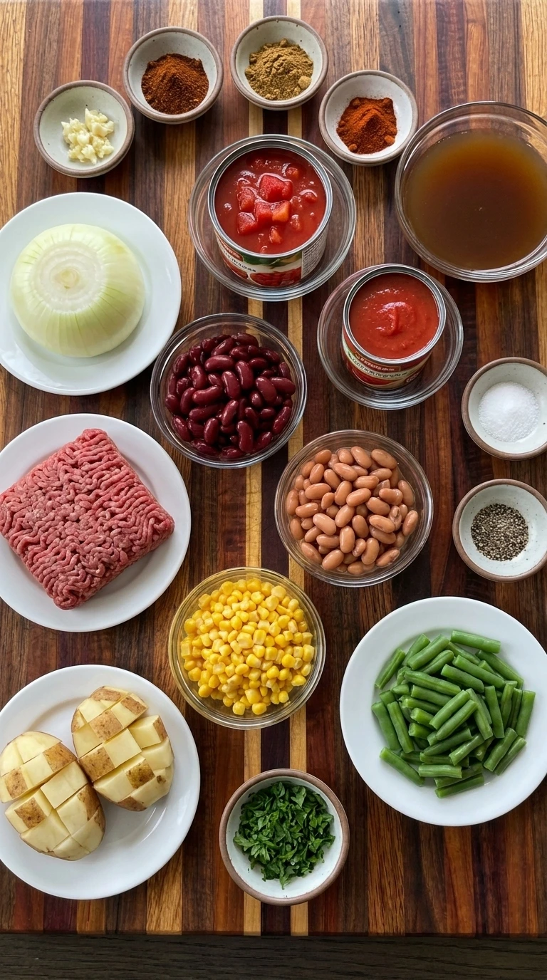 Cowboy Soup ingredients including beef potatoes beans corn tomatoes and seasonings