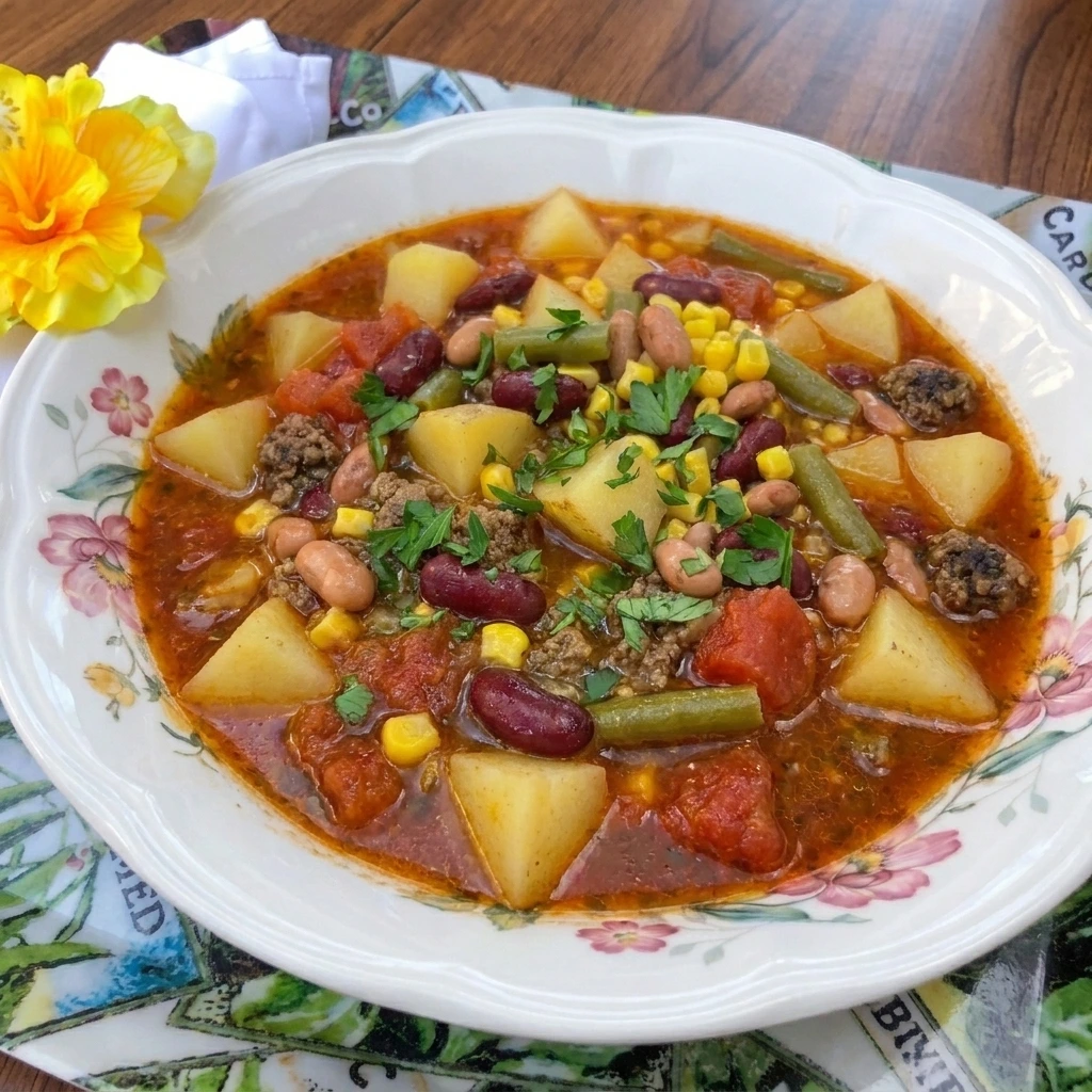 Hearty Cowboy Soup with ground beef potatoes beans corn and vegetables