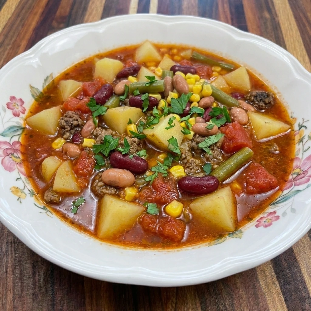 Single bowl of Cowboy Soup garnished with fresh parsley
