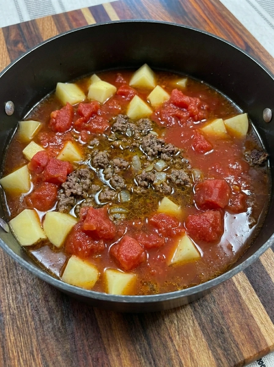 Cowboy Soup beef and potatoes combined with tomato broth