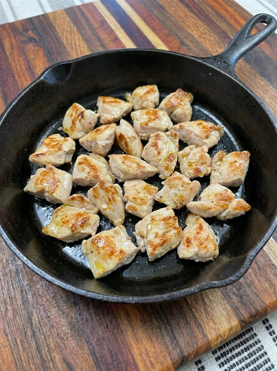 Golden cooked chicken pieces for Creamy Chicken Tortellini Soup