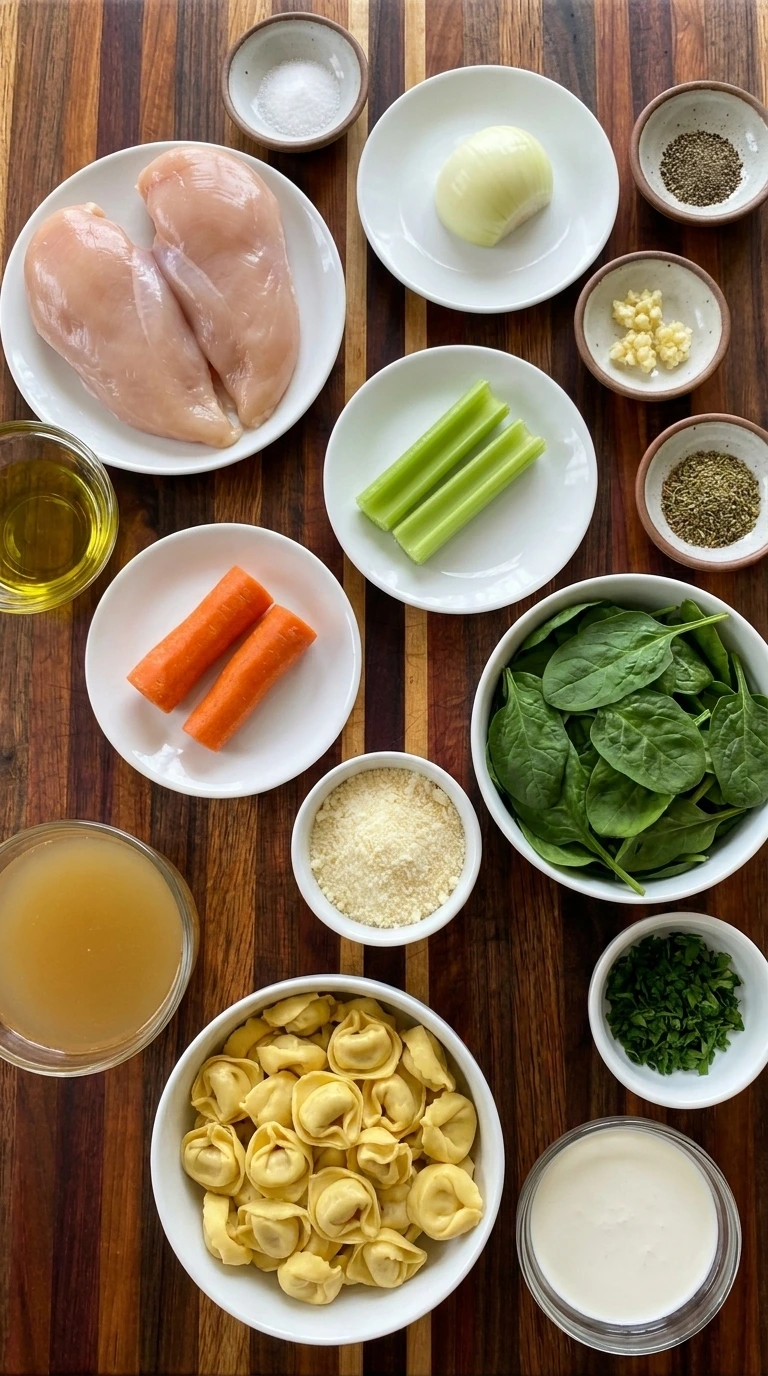 Ingredients for Creamy Chicken Tortellini Soup arranged in separate containers