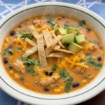 Creamy Chicken Tortilla Soup with chicken beans corn avocado and tortilla strips