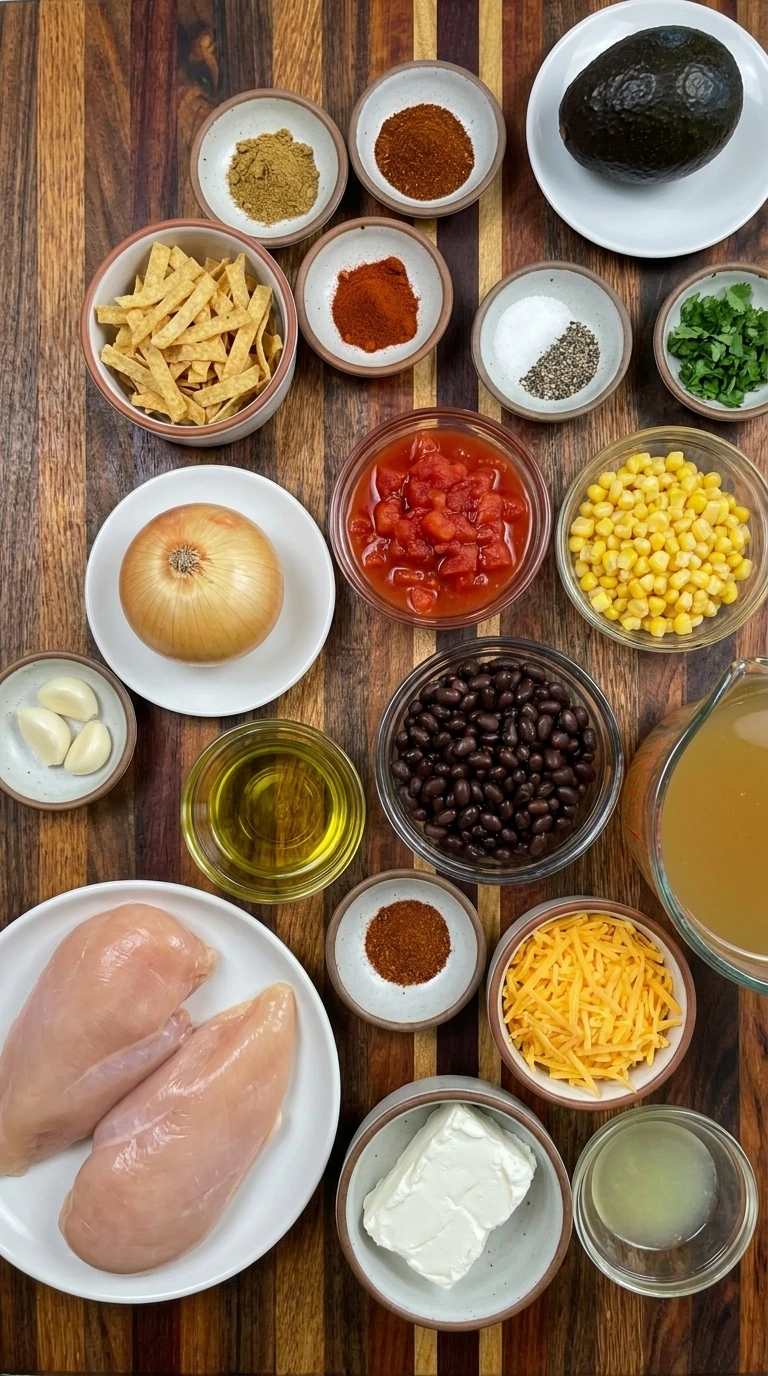 Ingredients for Creamy Chicken Tortilla Soup arranged in separate containers