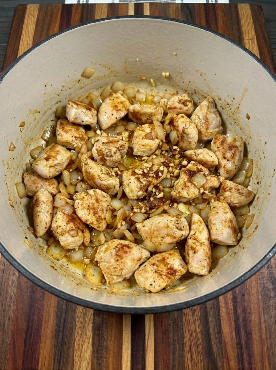 Chicken onion and spices cooking for Creamy Chicken Tortilla Soup