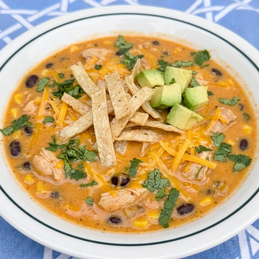 Served Creamy Chicken Tortilla Soup with tortilla strips and avocado