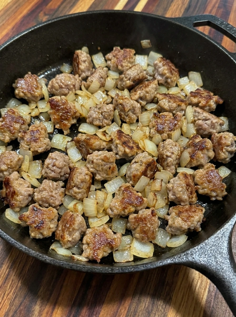 Browned Italian sausage and onion for creamy ditalini soup