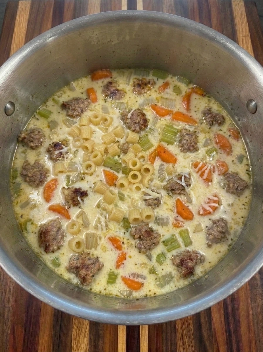 Parmesan melting into creamy Italian sausage ditalini soup