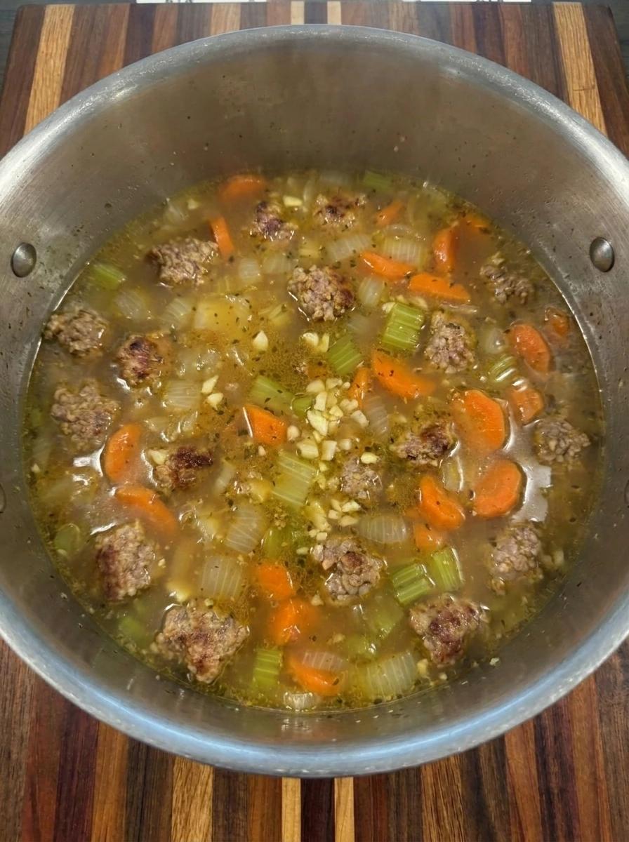 Italian sausage and vegetables simmering in chicken broth