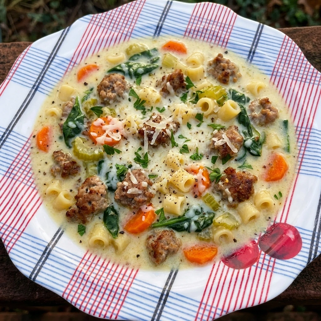 Creamy Parmesan Italian Sausage Ditalini Soup with pasta and spinach