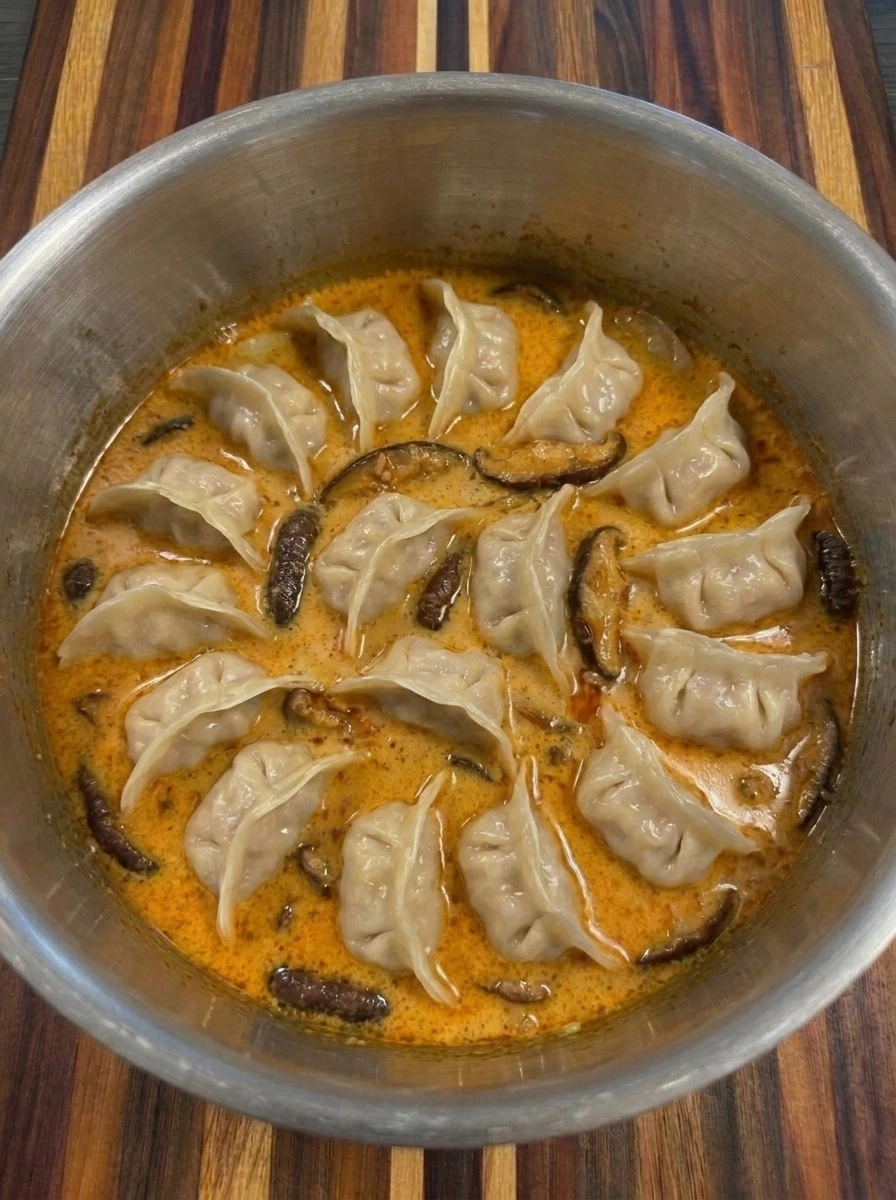 Dumplings simmering in Creamy Thai Dumpling Soup