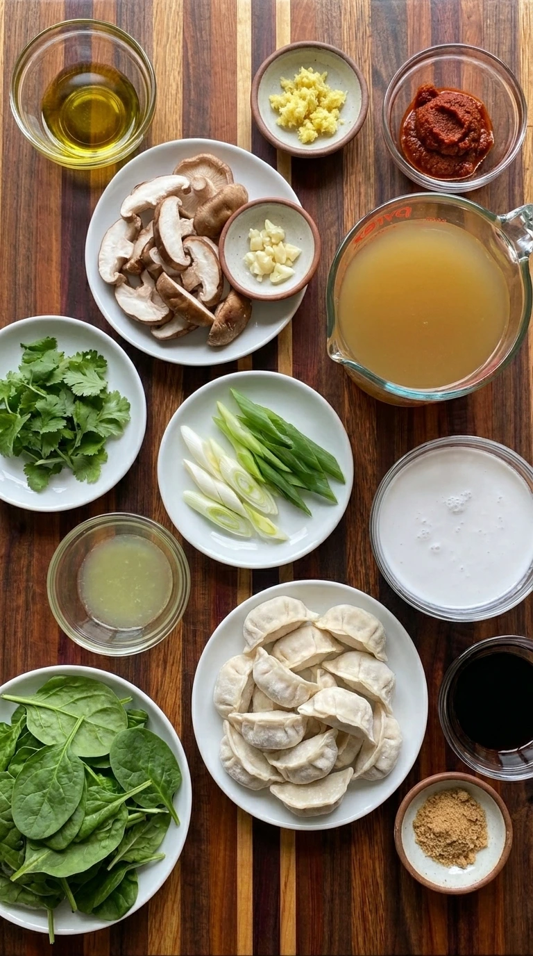 Ingredients for Creamy Thai Dumpling Soup arranged in separate containers
