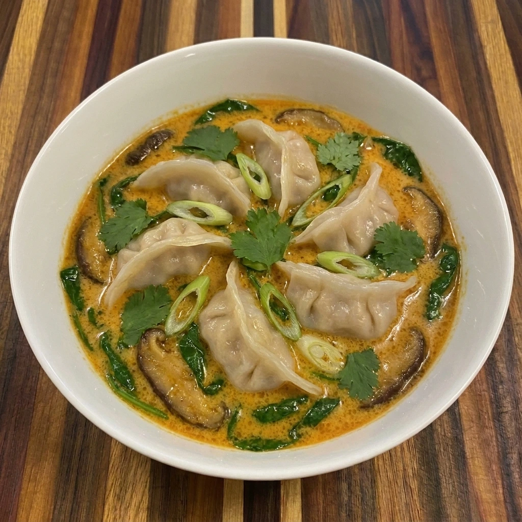 Served Creamy Thai Dumpling Soup with four dumplings and spinach