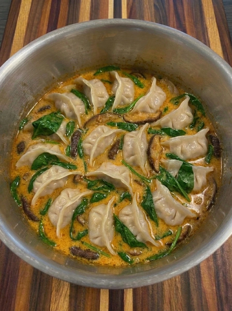 Spinach wilted into Creamy Thai Dumpling Soup