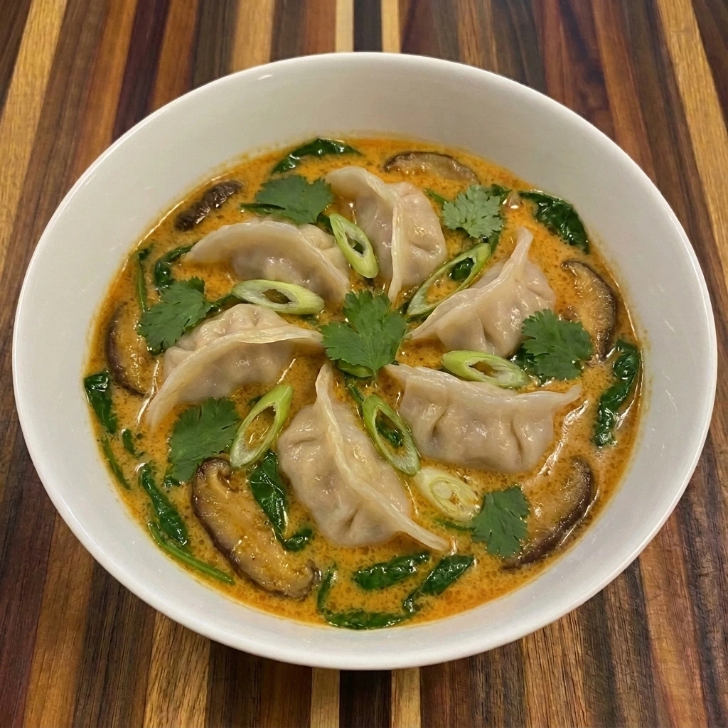 Creamy Thai Dumpling Soup with dumplings spinach mushrooms and coconut curry broth
