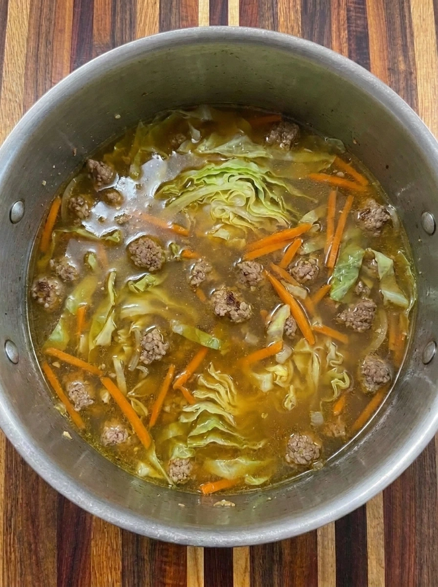 Broth added to pork cabbage and carrots for Egg Roll Soup