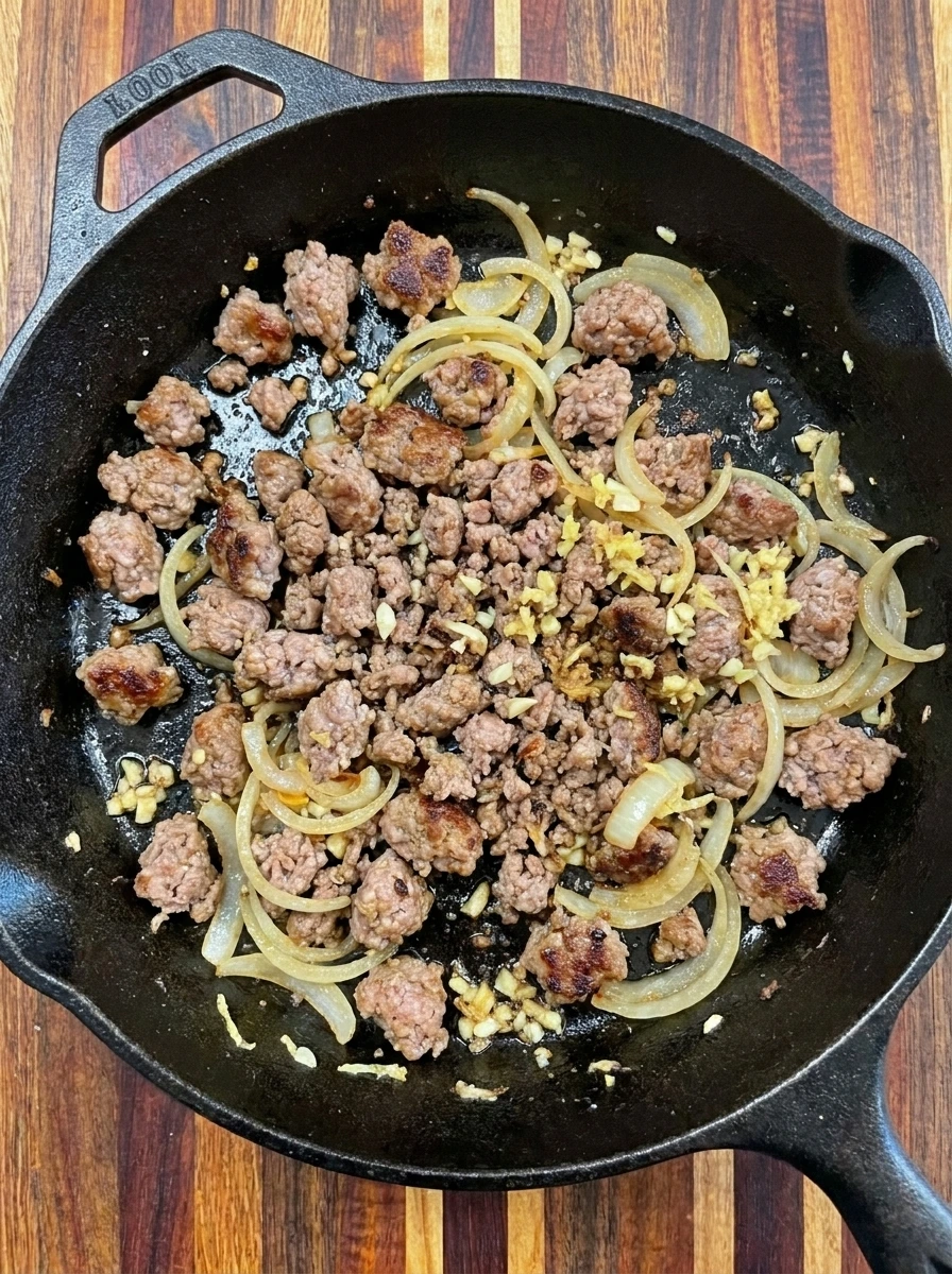 Browned ground pork with onion garlic and ginger for Egg Roll Soup