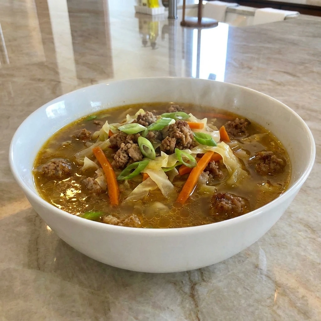 Egg Roll Soup with pork cabbage carrots and green onions