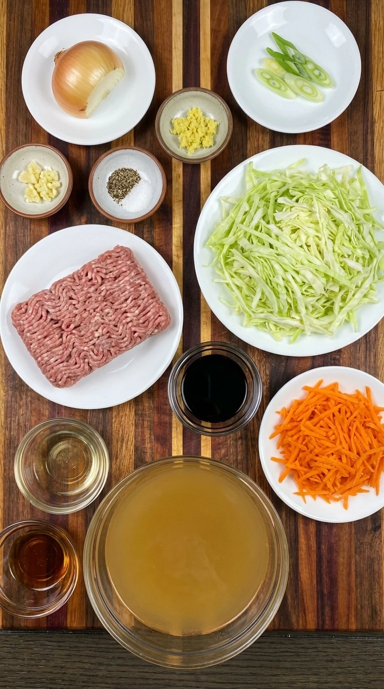 Ingredients for Egg Roll Soup arranged in separate containers