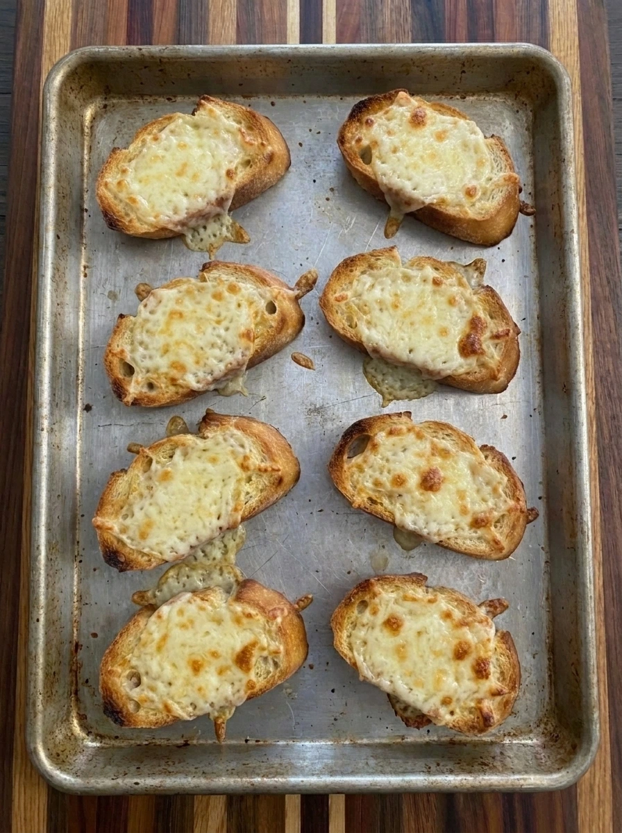 Eight Gruyere baguette toasts for French Onion Chicken Soup