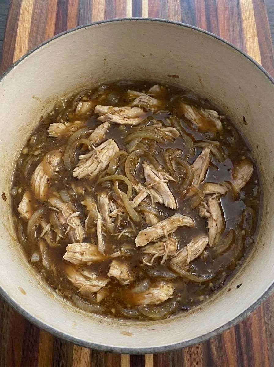 Shredded chicken mixed into French Onion Chicken Soup