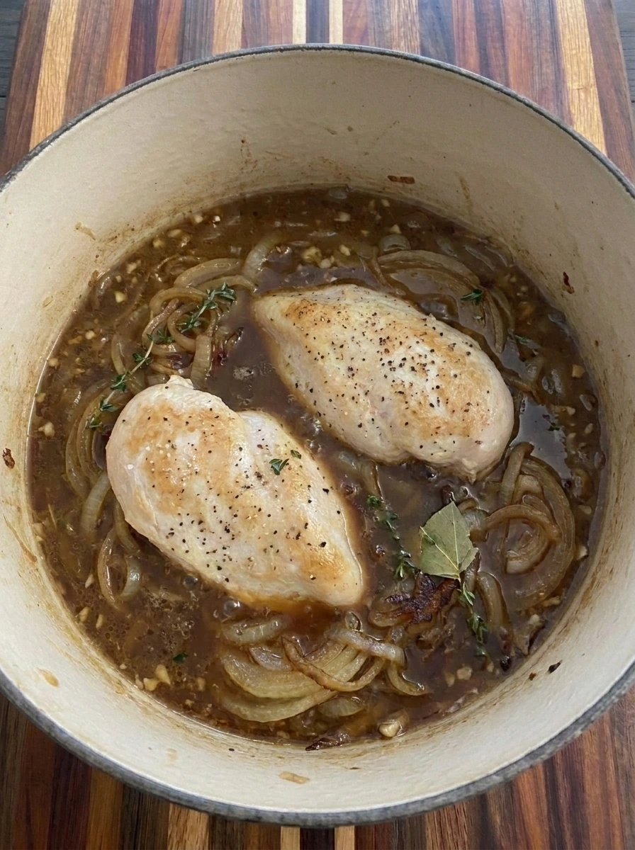 Chicken breasts simmering in rich onion broth for French Onion Chicken Soup