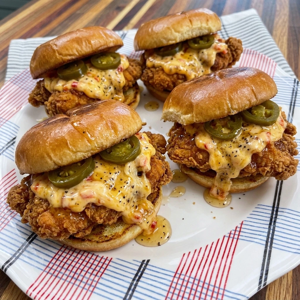 Four Honey Pepper Pimento Sandwiches with crispy chicken and pimento cheese and peppered honey