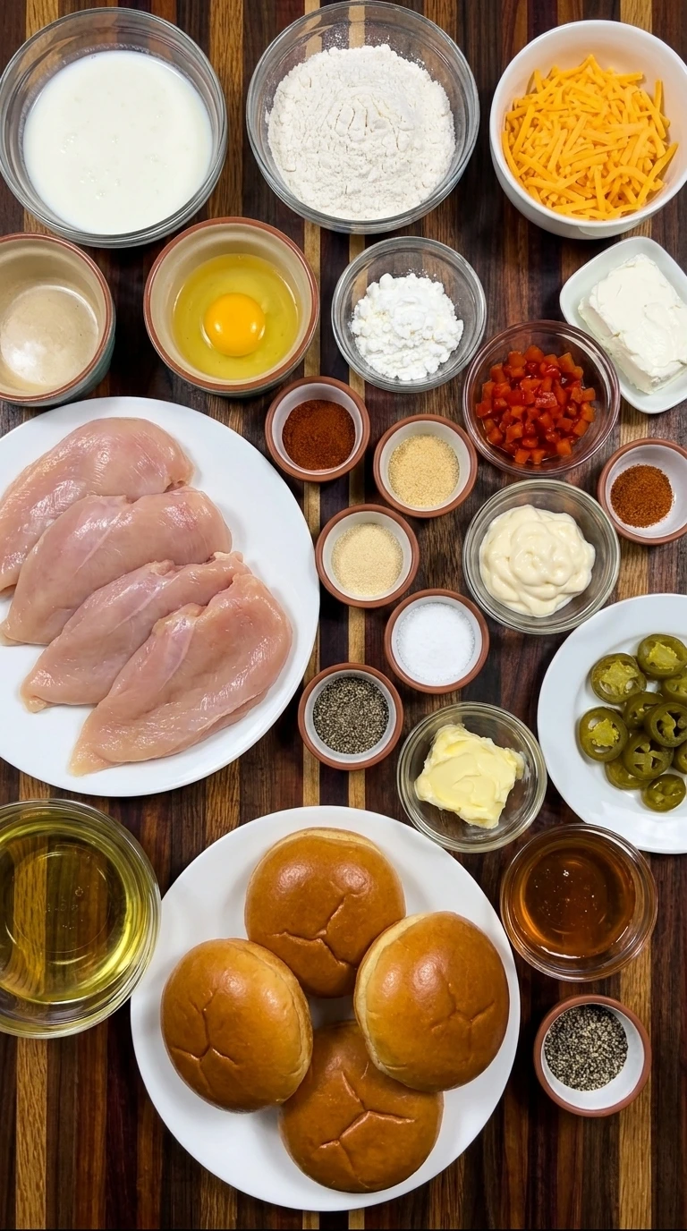 Ingredients for Honey Pepper Pimento Sandwich arranged in separate bowls and plates