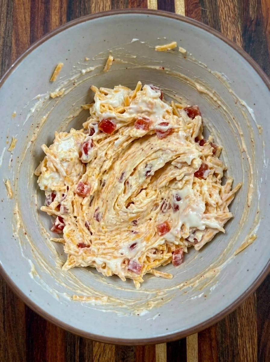 Thick pimento cheese filling mixed for Honey Pepper Pimento Sandwich