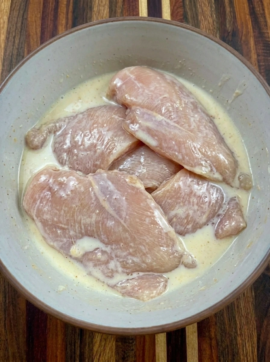 Four chicken cutlets coated in buttermilk for Honey Pepper Pimento Sandwich
