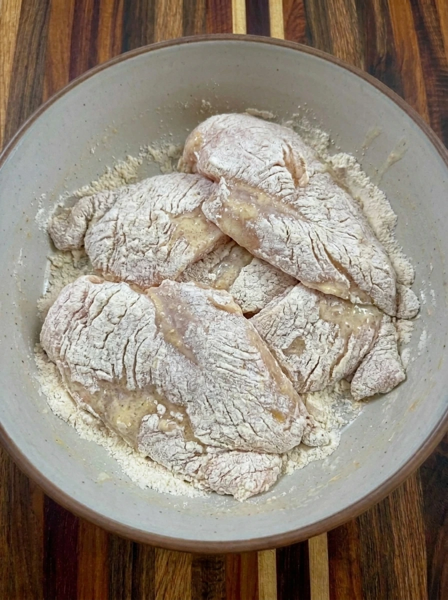 Four chicken cutlets covered in craggy seasoned breading