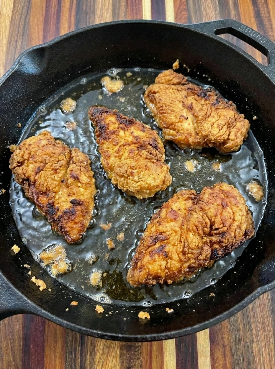 Four golden fried chicken cutlets for Honey Pepper Pimento Sandwich