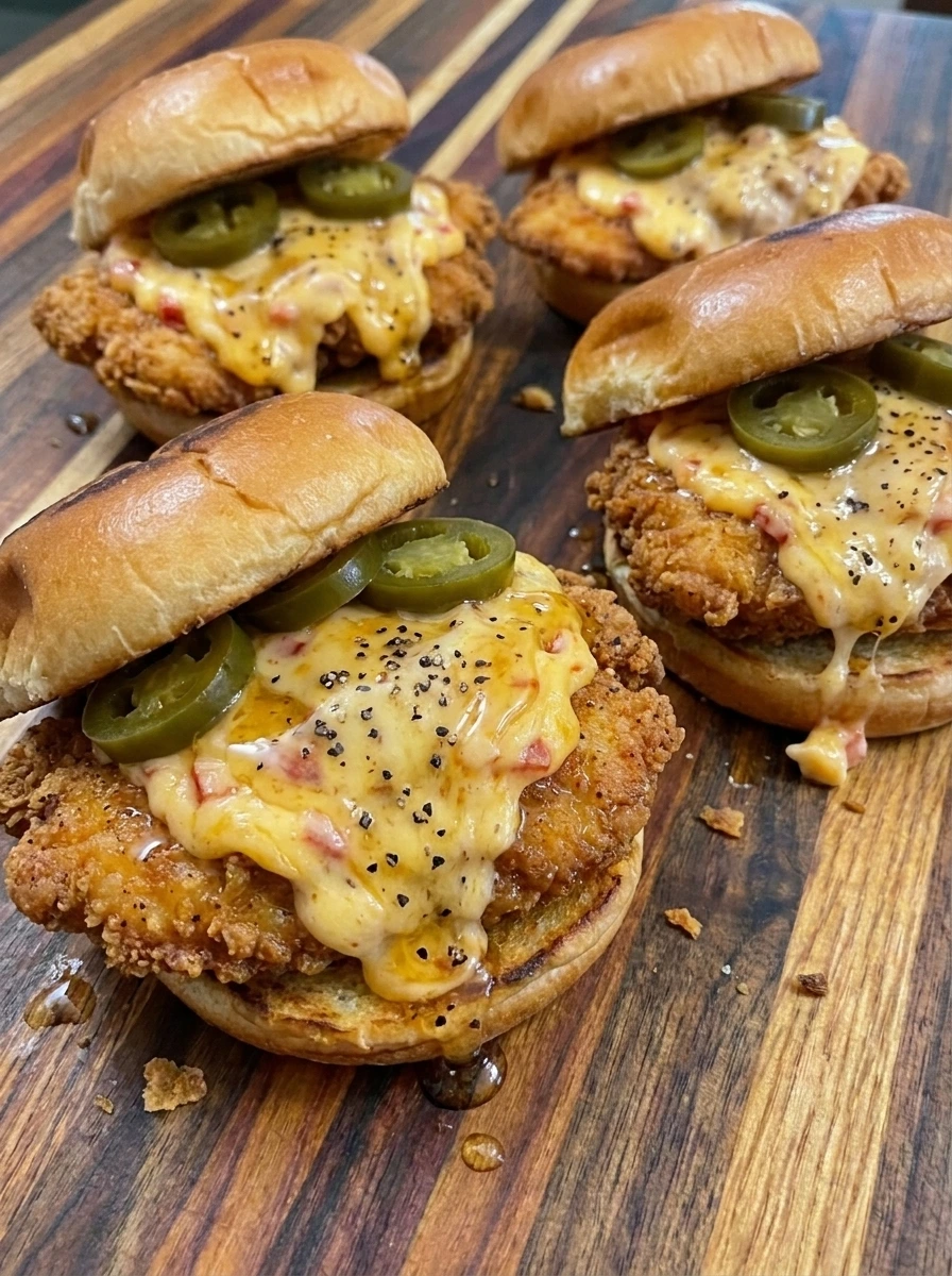 Four Honey Pepper Pimento Sandwiches layered with pimento cheese and jalapeños